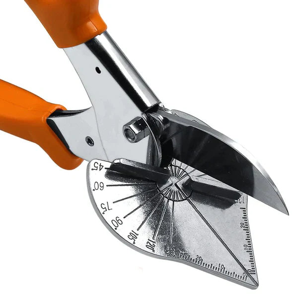 Detalje af blank klinge og vinkelplade med gradtal, set ovenfra med orange håndtag i baggrunden 5