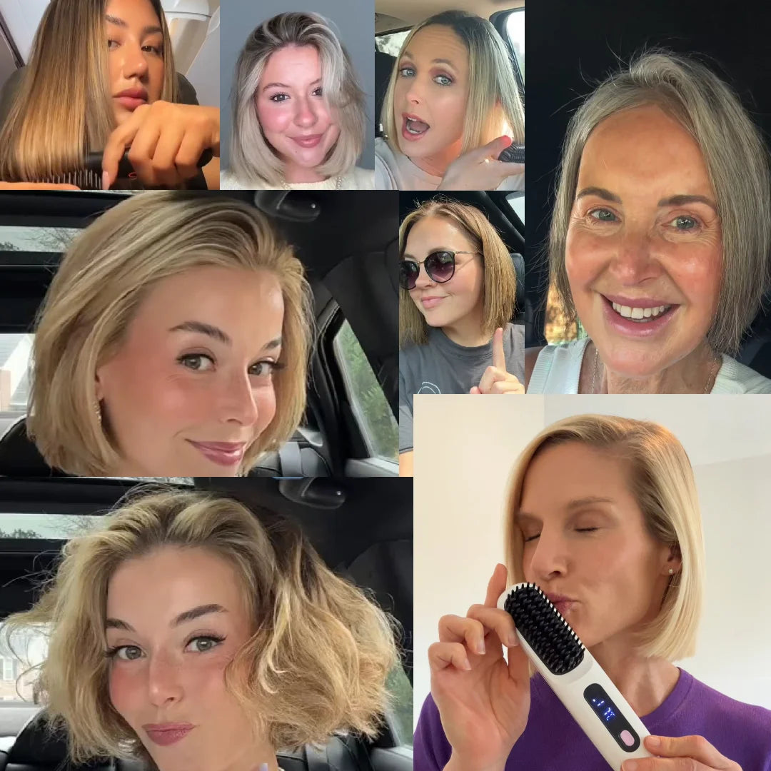 Collage af kvinder med kort, glat bobfrisure efter brug af stylingbørsten, flere taget i bil og én med hvid børste. 3