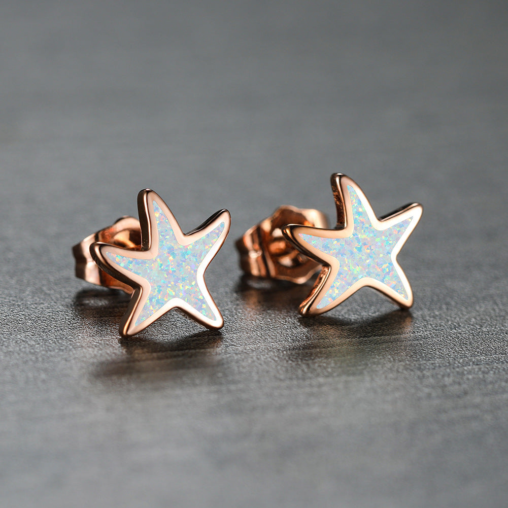 Sternförmige Ohrringe, Roségold, Opal-Einlage, Damen-Schmuck, modisch, elegant.
