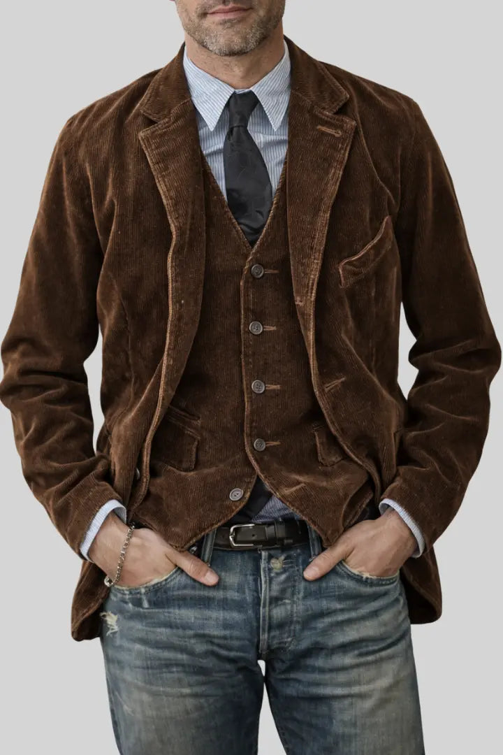 Nærbillede af brun fløjlsjakke med vest, båret med stribet skjorte, slips og slidte jeans 1