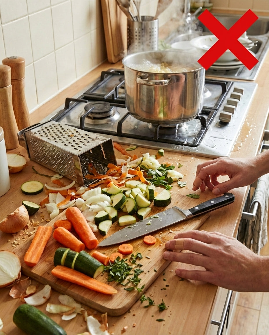 Rodet køkkenbord med skårne gulerødder, løg og squash og en gammeldags firkantet rivejern ved siden af en kogende gryde. 2