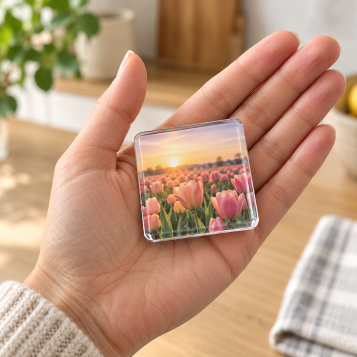 Håndflade, der holder en firkantet fotomagnet med tulipanmark ved solnedgang, så størrelsen fremgår 6