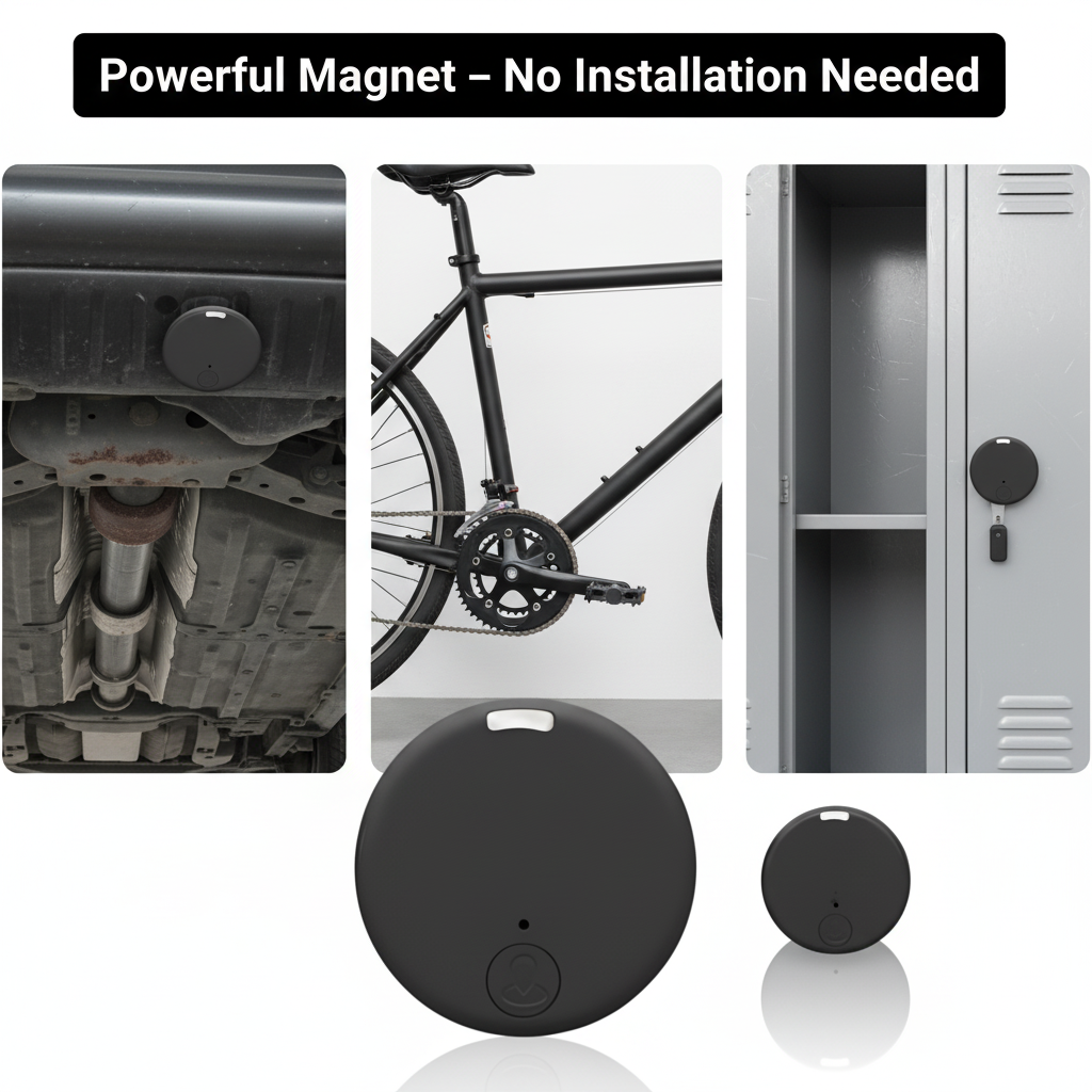 Sort rund tracker siddende med magnet under en bil, på en cykelramme og på et metalskab, med to trackere forneden. 6