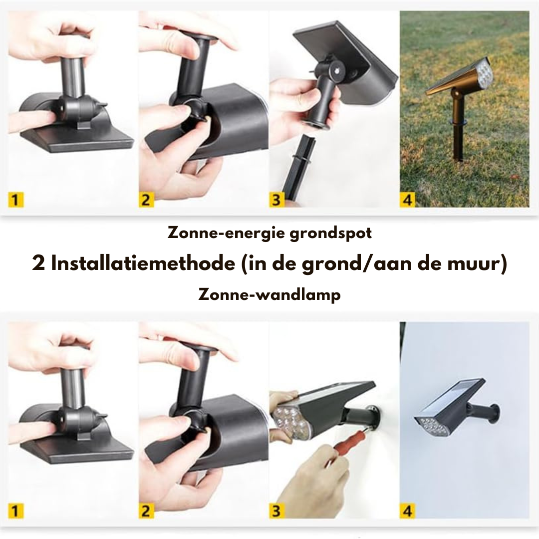Installationsguide i to rækker med fire trin: montering på jordspyd i græsset og montering på en væg med skruetrækker. 7