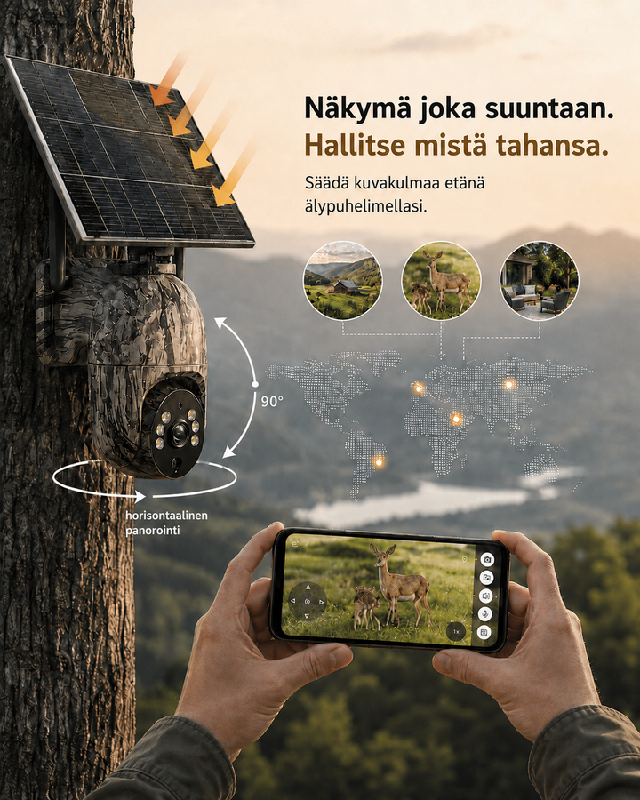 Kamera på et træ med solpanel og dreje-pile, mens to hænder styrer billedet på en mobil med dyr på skærmen. 6