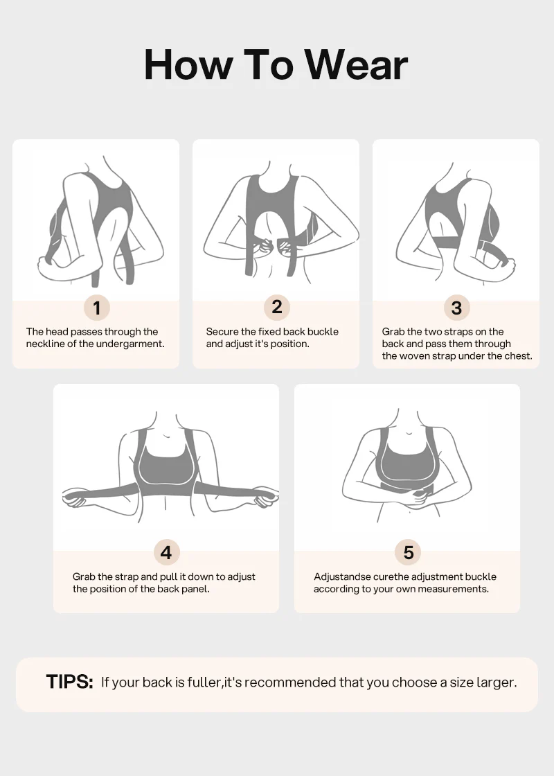 Illustreret trin-for-trin-guide i fem tegninger, der viser, hvordan bh'en tages på og justeres med ryklukning og stropper, samt et tip om størrelse. 21