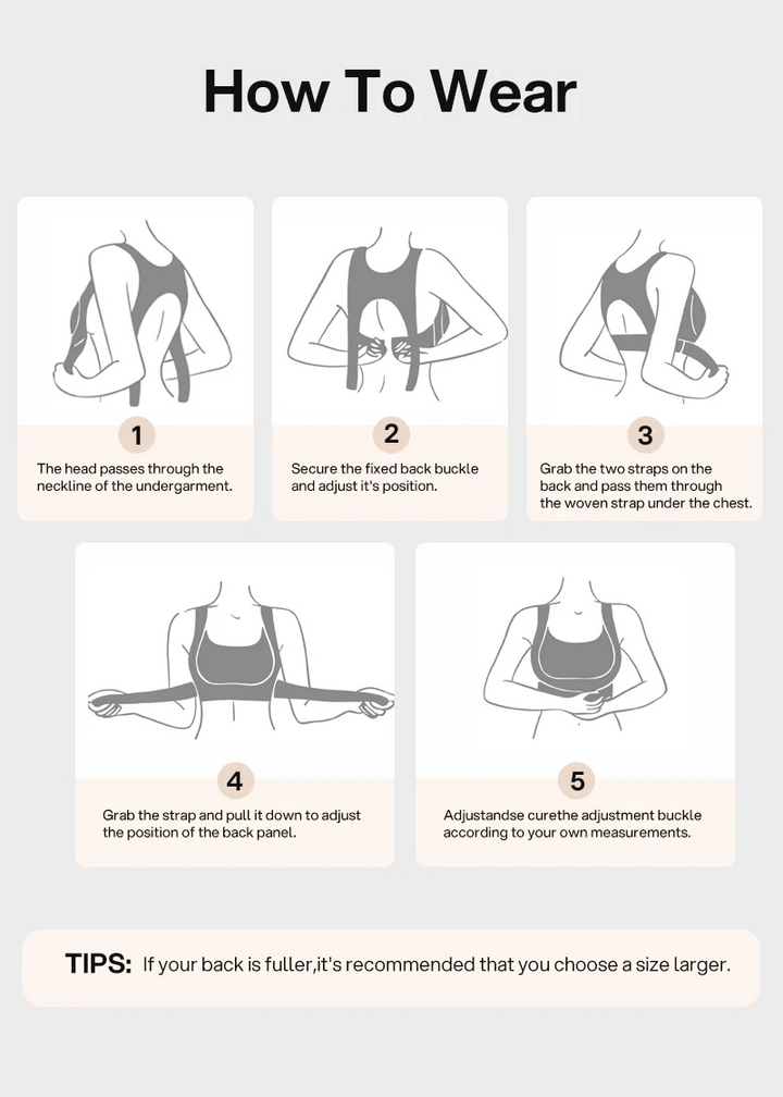 Illustreret trin-for-trin-guide i fem tegninger, der viser, hvordan bh'en tages på og justeres med ryklukning og stropper, samt et tip om størrelse. 21