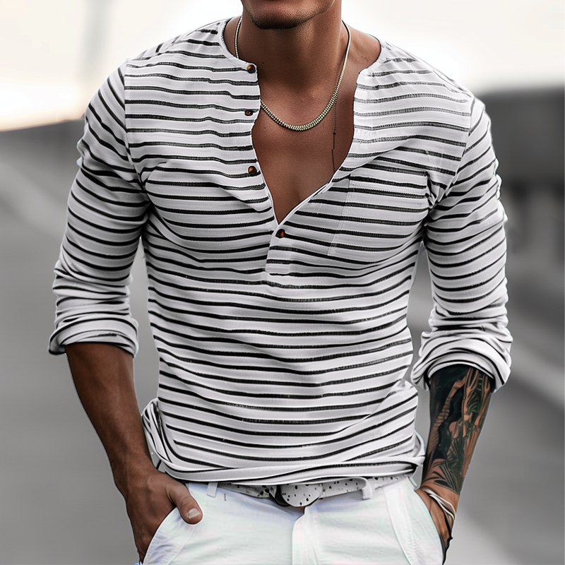 Stribet Henley-shirt med lange ærmer – Ewan