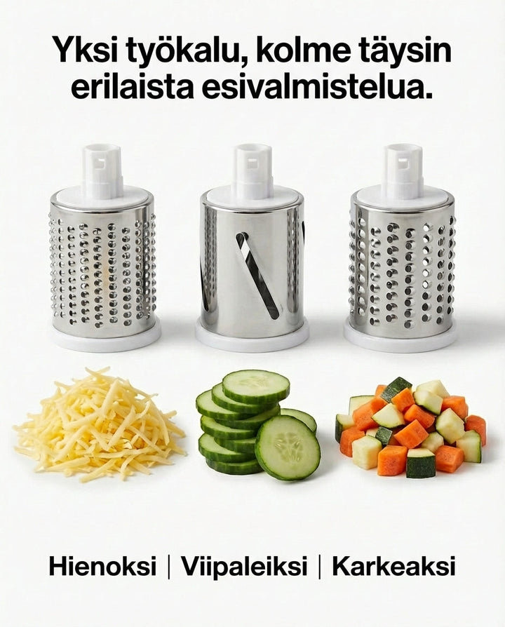 Tre udskiftelige tromler af rustfrit stål, til fin rivning, skiver og grove tern, over ost, agurkeskiver og gulerods- og squashtern. 6