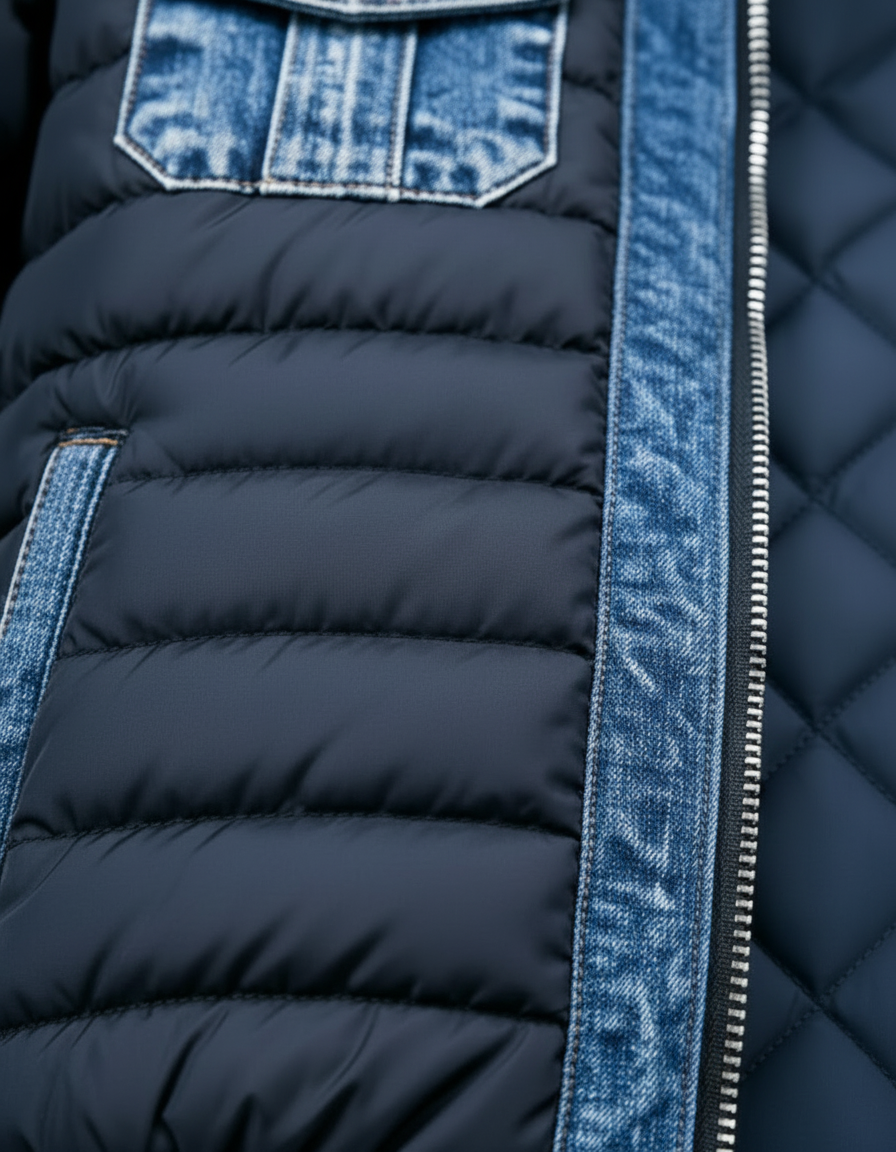 Nærbillede af den quiltede mørkeblå stof, en denimlomme, en denimkant og det rudemønstrede quiltede foer ved lynlåsen. 2