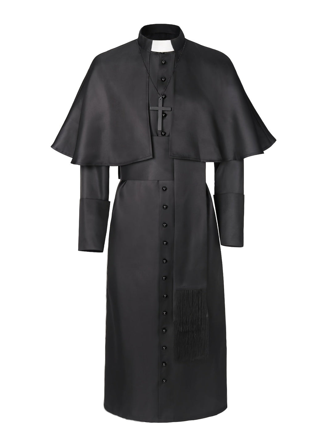 Sort præstekostume set lige forfra med knapper hele vejen ned, kors om halsen og frynser 3