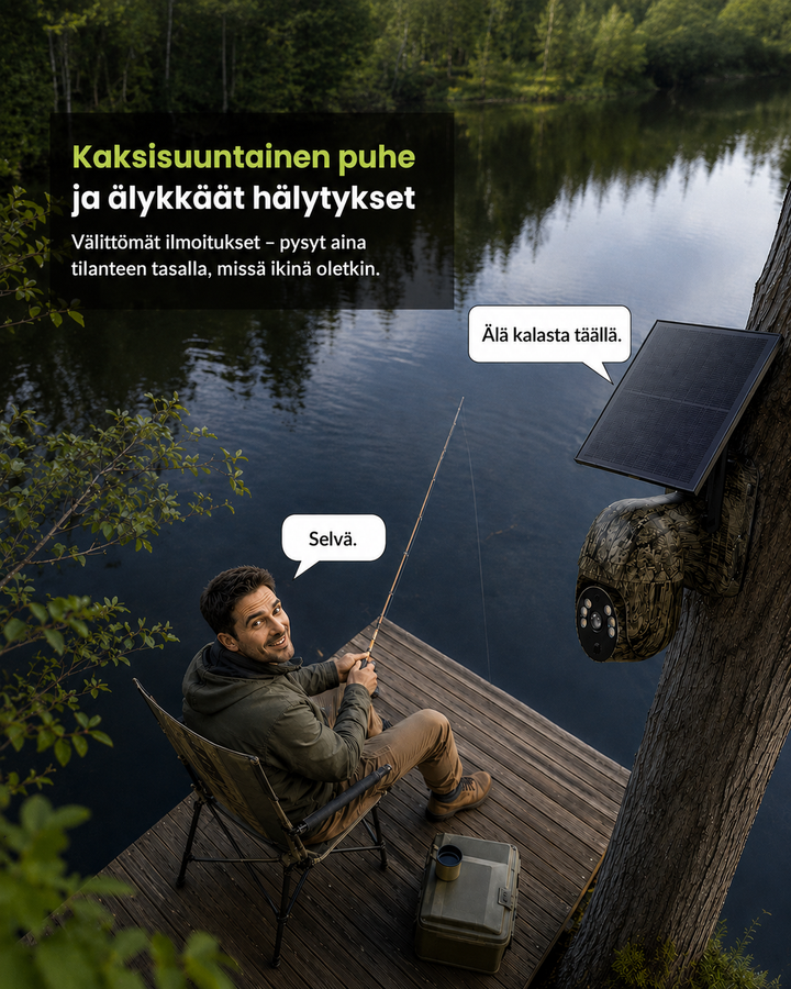 Mand sidder med fiskestang på en badebro ved en sø, mens kameraet på et træ taler til ham via tovejslyd. 5