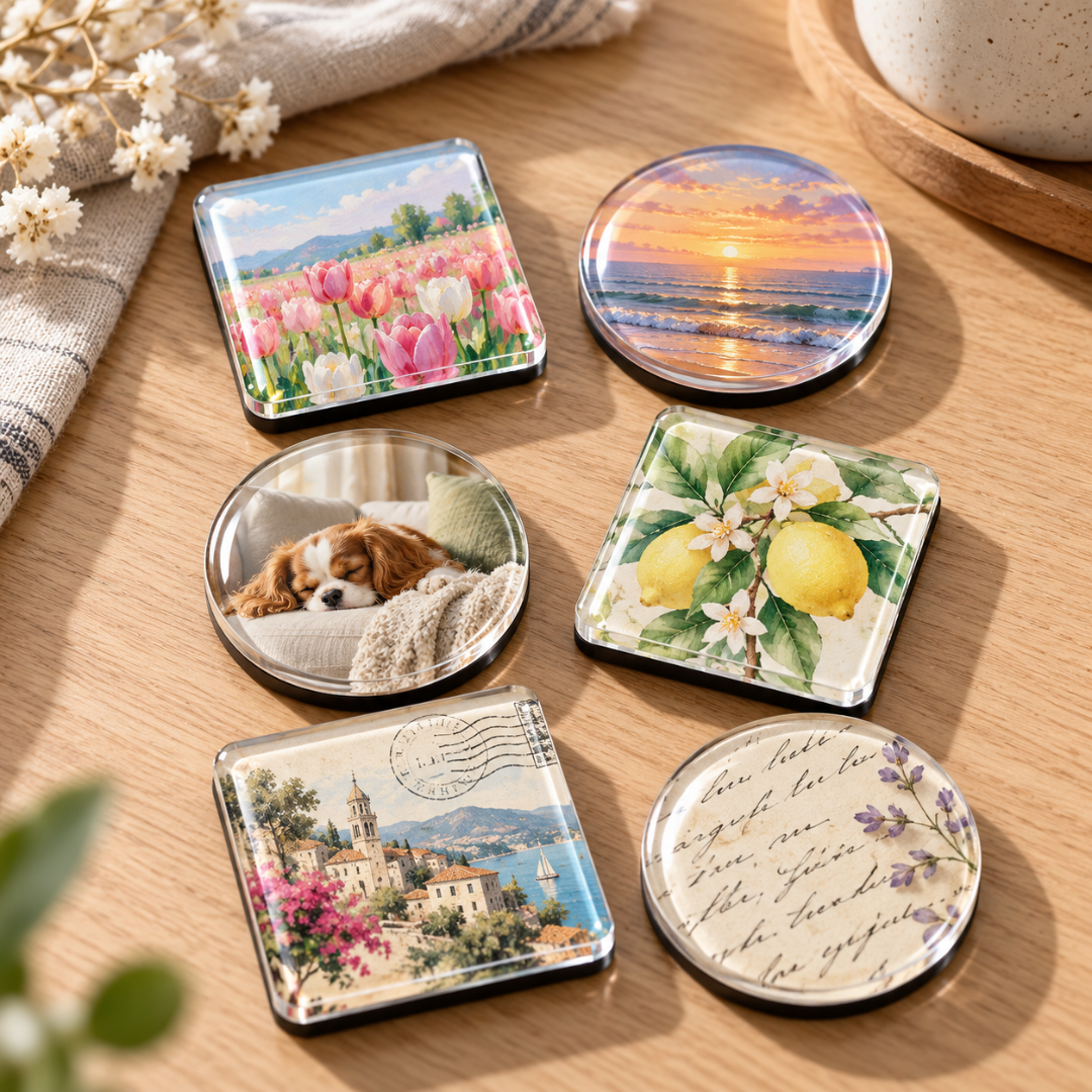 Seks runde og firkantede fotomagneter med blomster, solnedgang, hund og citroner, liggende på et træbord 4