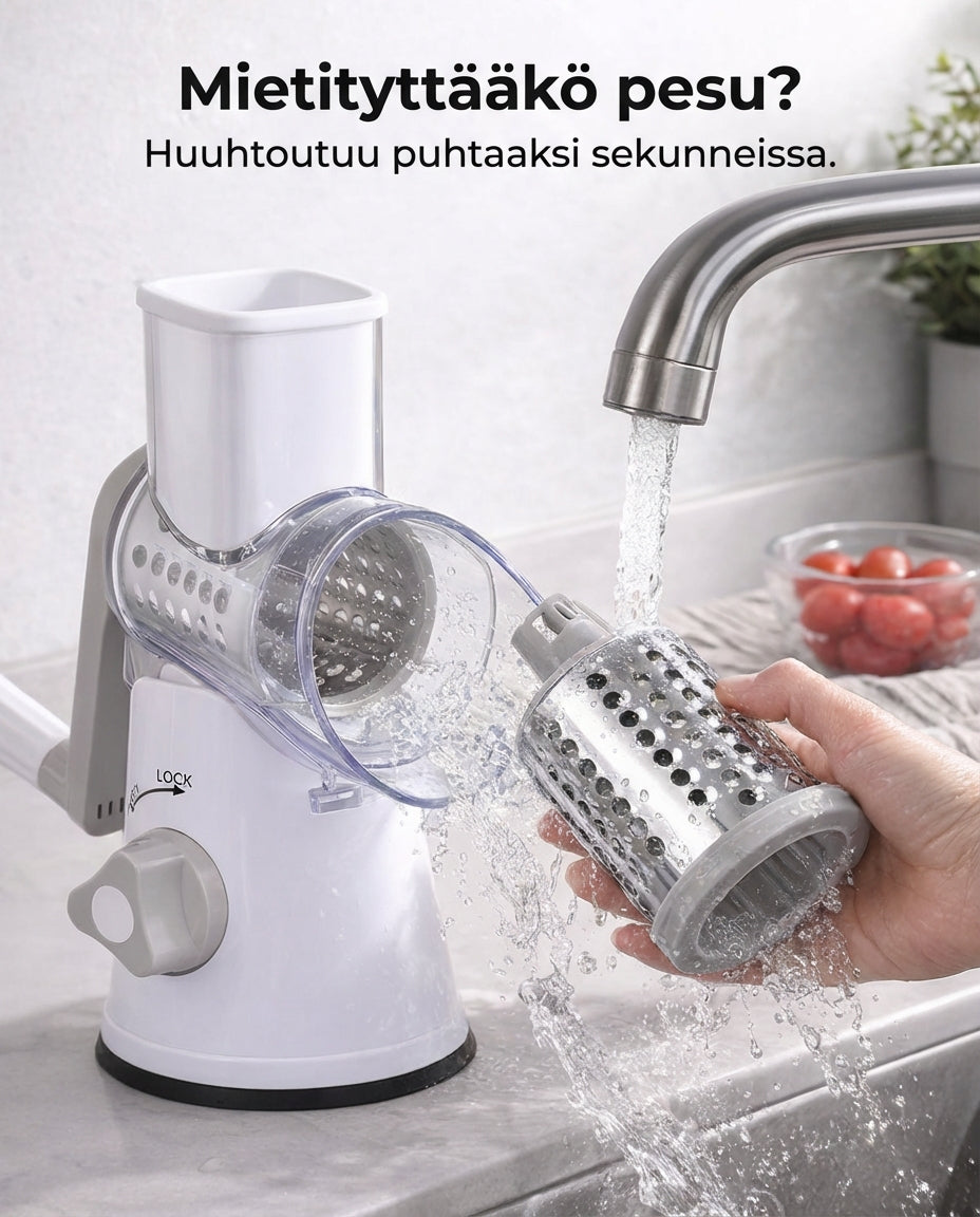 En hånd skyller en rustfri tromle under rindende vand ved vasken, mens den hvide hakker med grå detaljer står ved siden af. 7