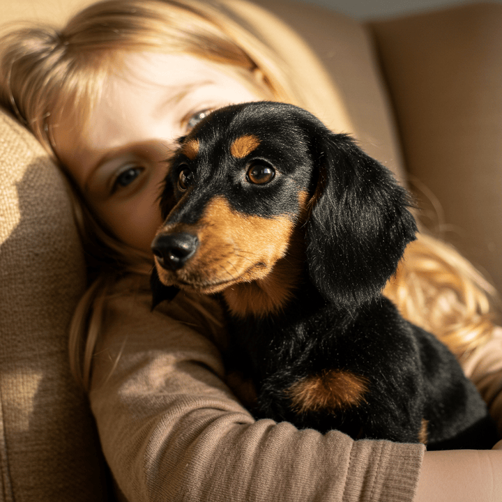Lille pige med lyst hår krammer en sort plysgravhund med brune aftegninger, mens hun sidder i en sofa. 6