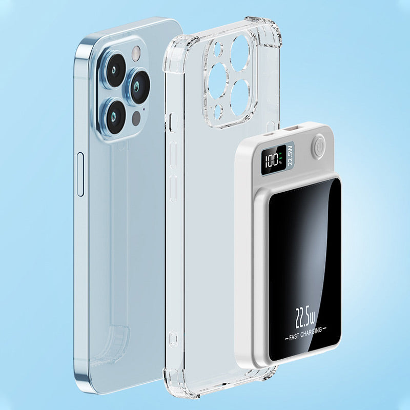 Hvid powerbank klar til at klikke på en blå smartphone med gennemsigtigt cover, vist i eksploderet opstilling. 7