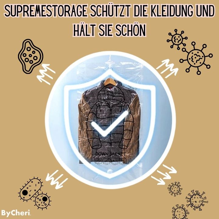 Brun jakke i en gennemsigtig vakuumpose med et skjold og flueben, omgivet af tegnede bakterier og vira som illustration af beskyttelse. 7