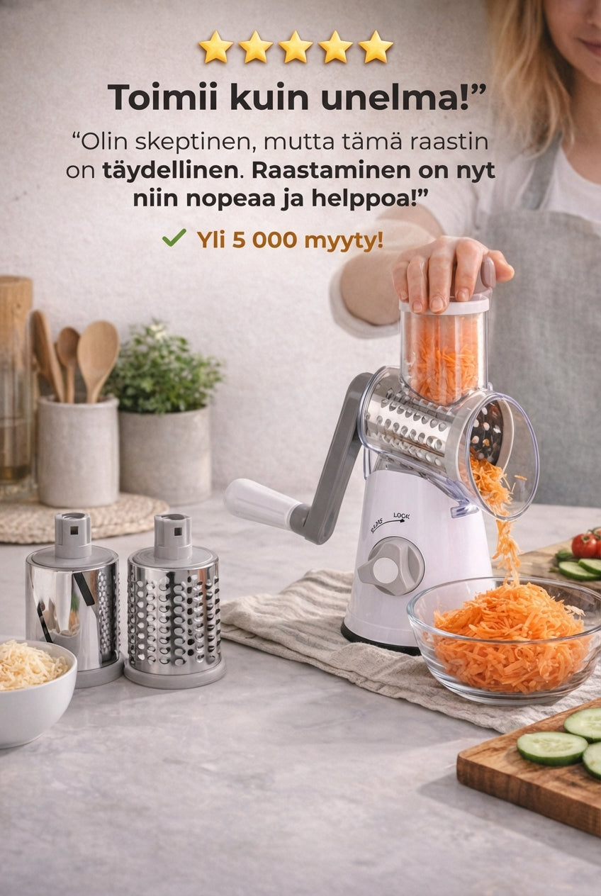 Kvinde i forklæde drejer håndsvinget på hakkeren, mens revne gulerødder falder ned i en glasskål, med to tromler og ost ved siden af. 8