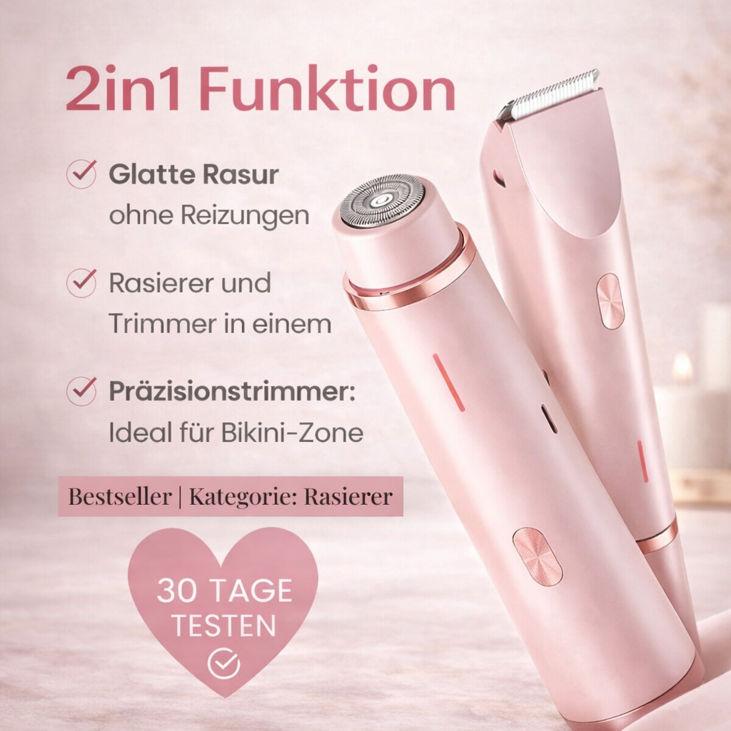 To lyserøde enheder, et rundt shaverhoved og et trimmerhoved, med tyske fordele som 2-i-1 funktion og præcisionstrimmer til bikinilinjen. 6