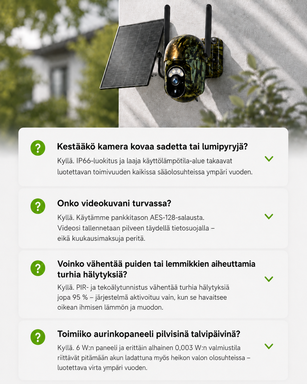 Kamera med solpanel på en væg over en liste med fire spørgsmål og svar om vejr, datasikkerhed, alarmer og solopladning. 12