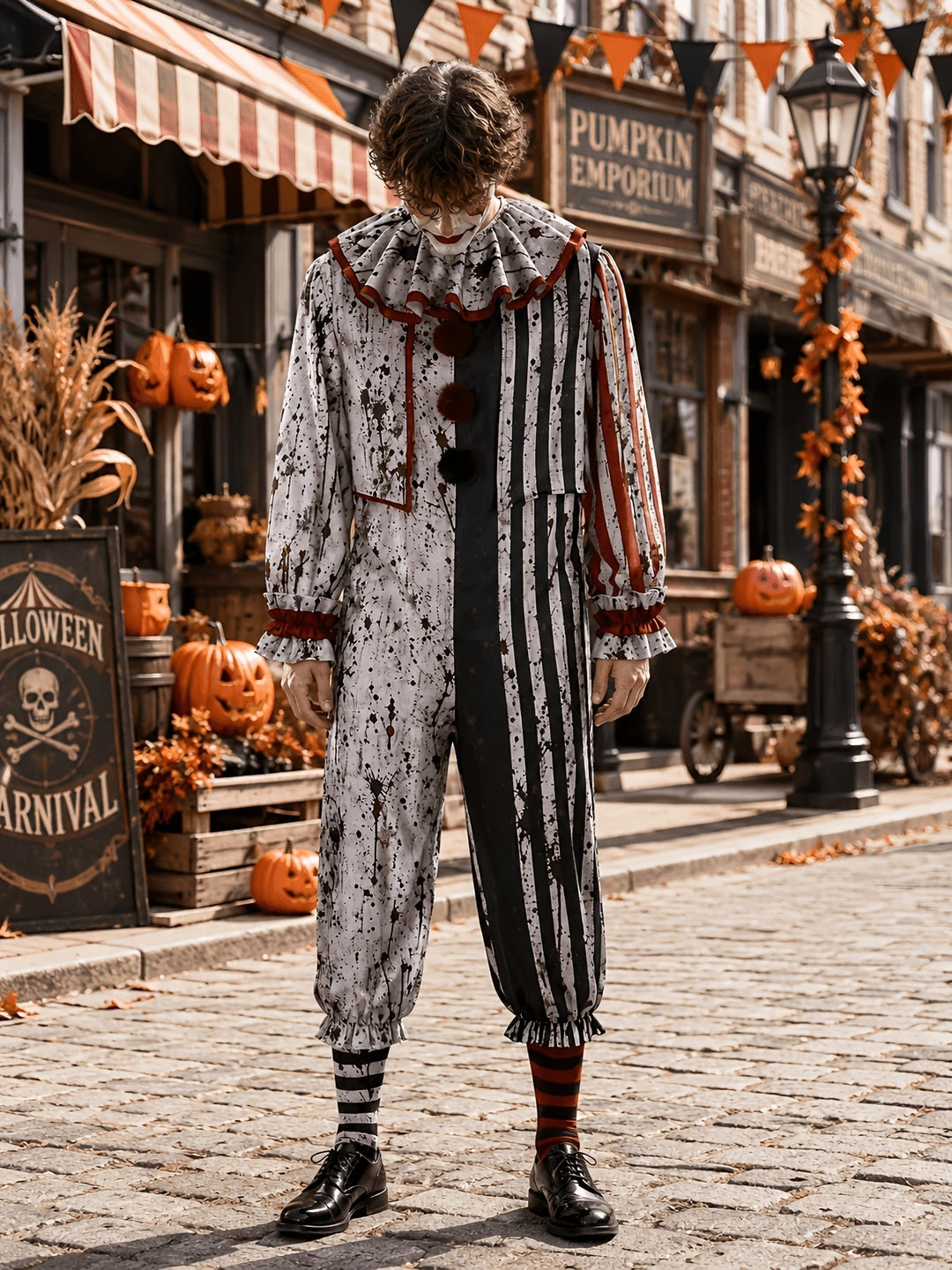 Model i stribet klovnedragt med plettet print, flæsekrave og pomponer står med bøjet hoved på brostensgade pyntet til Halloween, set forfra i fuld figur. 1