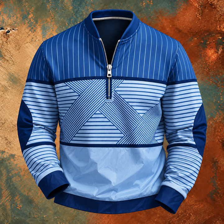 Pullover med halv lynlås i blå og lyseblå striber med geometrisk mønster, vist forfra. 4