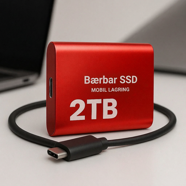 Rød ekstern SSD med USB-C-kabel på et skrivebord foran en bærbar computer 3