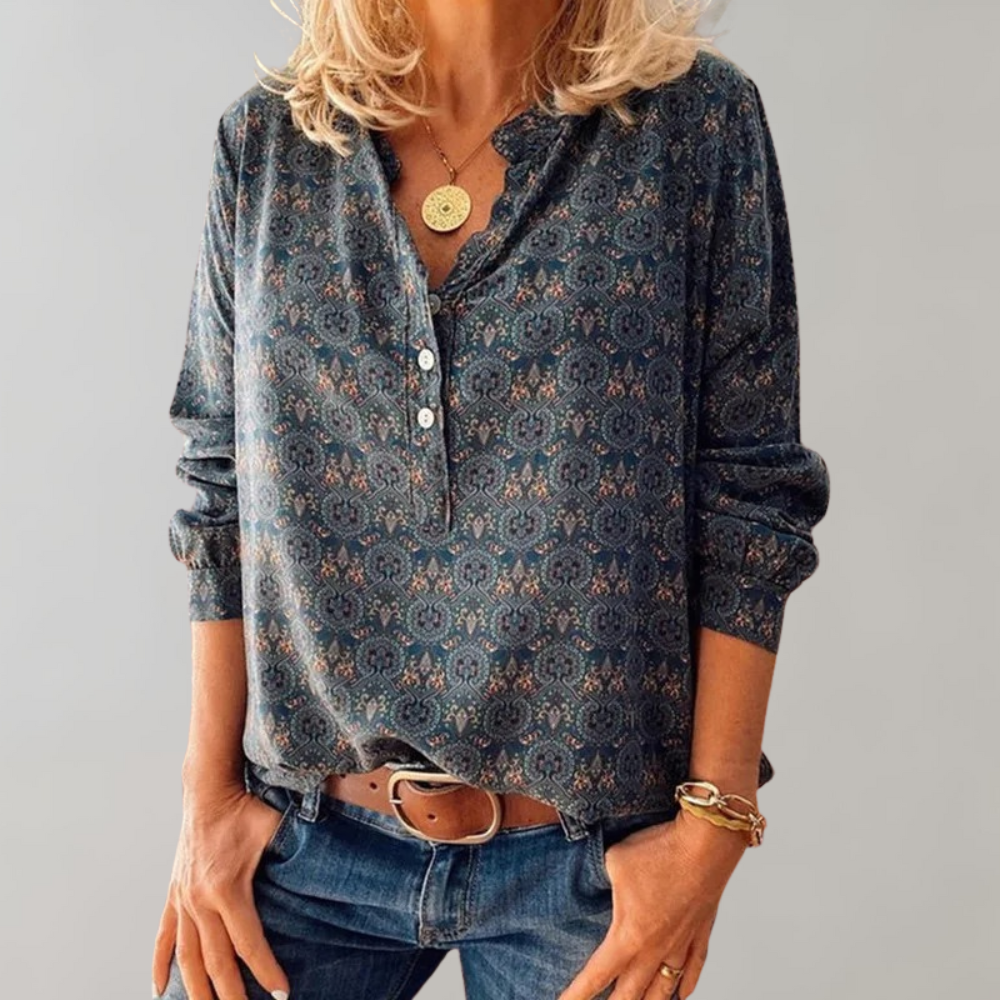 Vintage dameskjorte med knaplukning og print – Selina