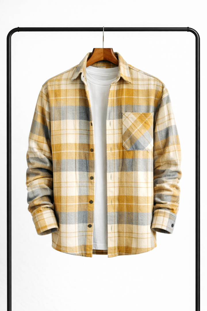 Overshirt i gul, grå og cremefarvet tern set forfra på bøjle, åben over hvid t-shirt, med brystlomme og knapper. 4