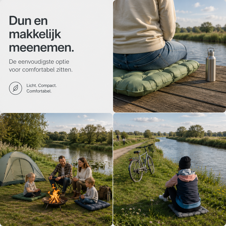 Collage af oppustelige sædehynder i brug: en person på en træbro, en familie ved bålet og en person ved åen. 3