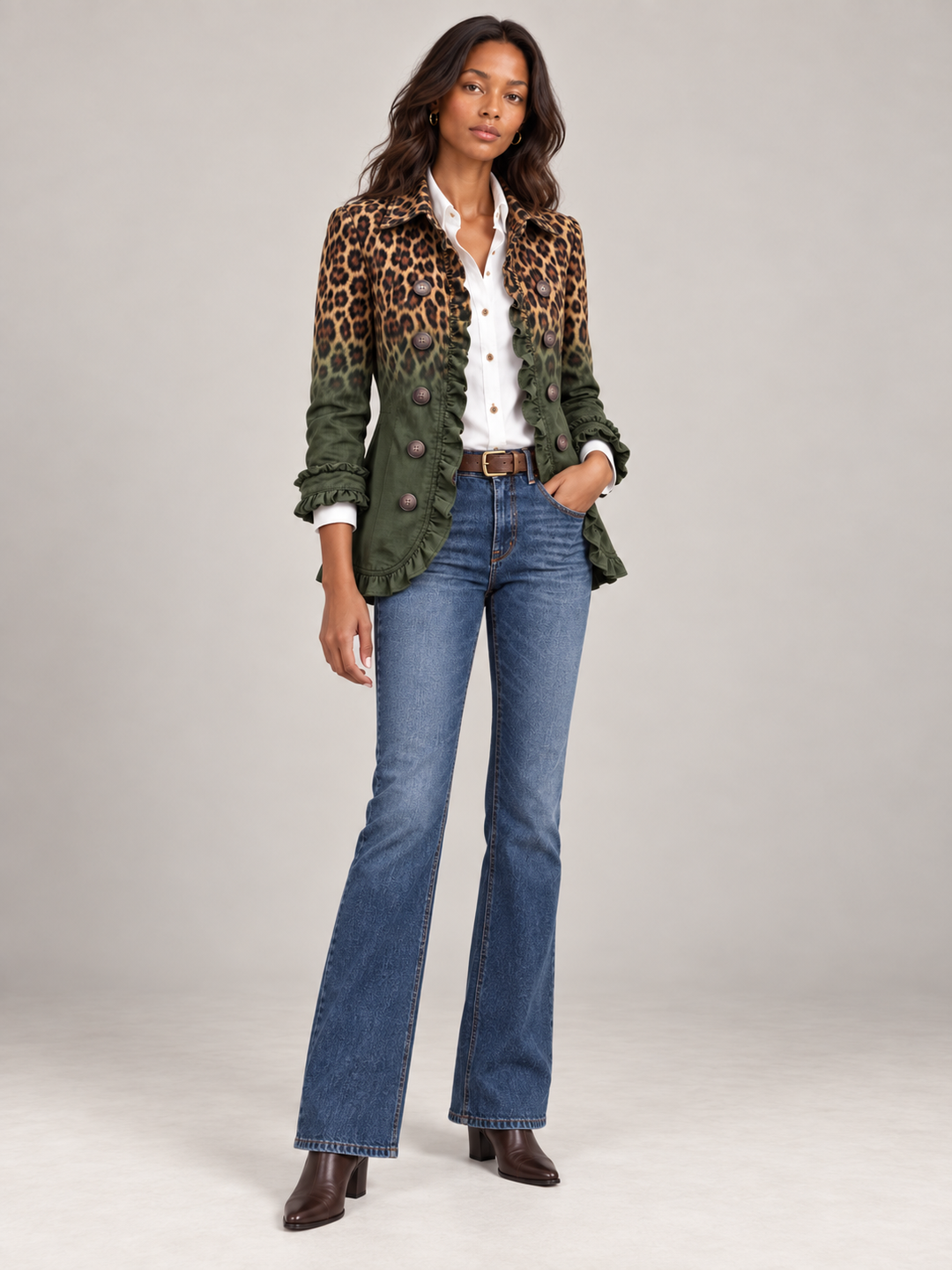 Model i fuld figur i den olivengrønne leopardblazer med flæser, hvid skjorte, jeans og brune støvler. 6
