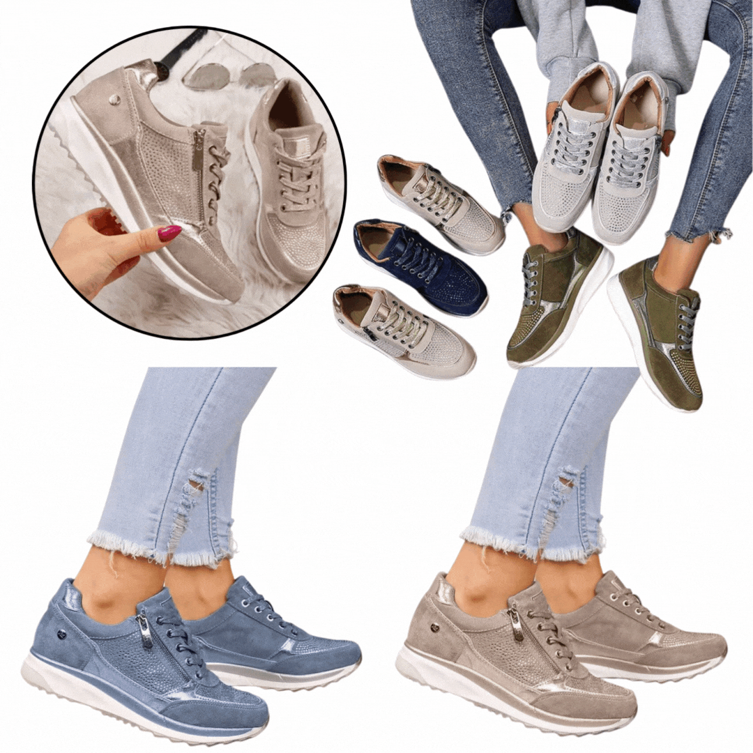 Collage af sneakers i flere farver: beige, marineblå, grøn, blå og grå, både på model og enkeltvis 7