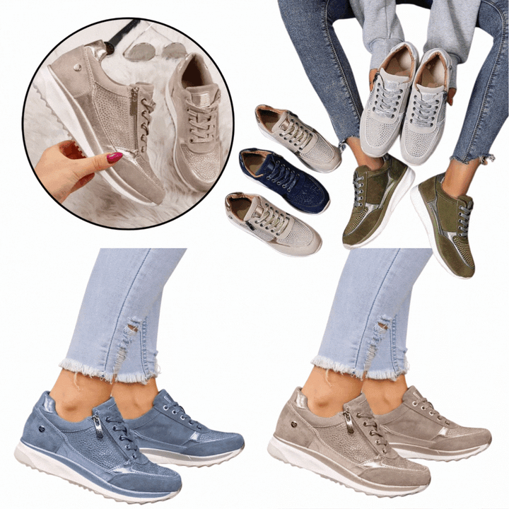 Collage af sneakers i flere farver: beige, marineblå, grøn, blå og grå, både på model og enkeltvis 7