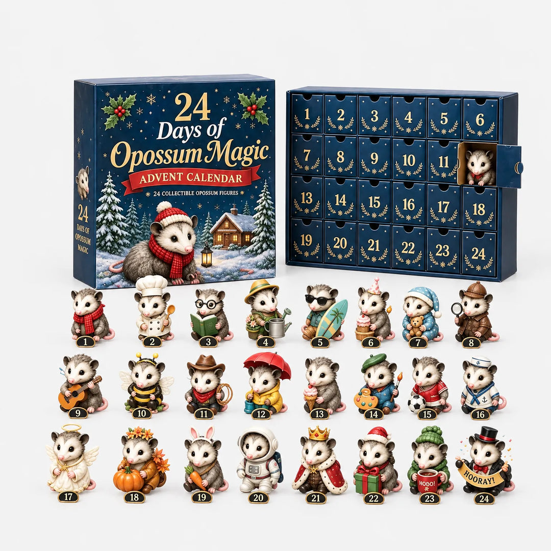 Julekalender med 24 samlefigurer af oposser i forskellige kostumer, opstillet foran æsken og den åbne skuffekalender på hvid baggrund. 3
