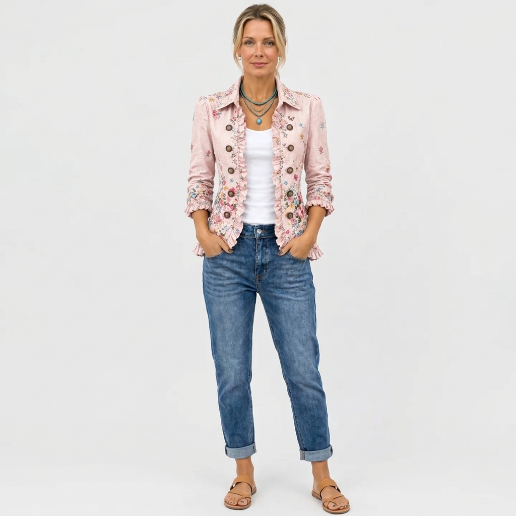 Helfigursbillede af model i den lyserøde blomsterjakke med hvid top, oprullede jeans og lyse sandaler. 4