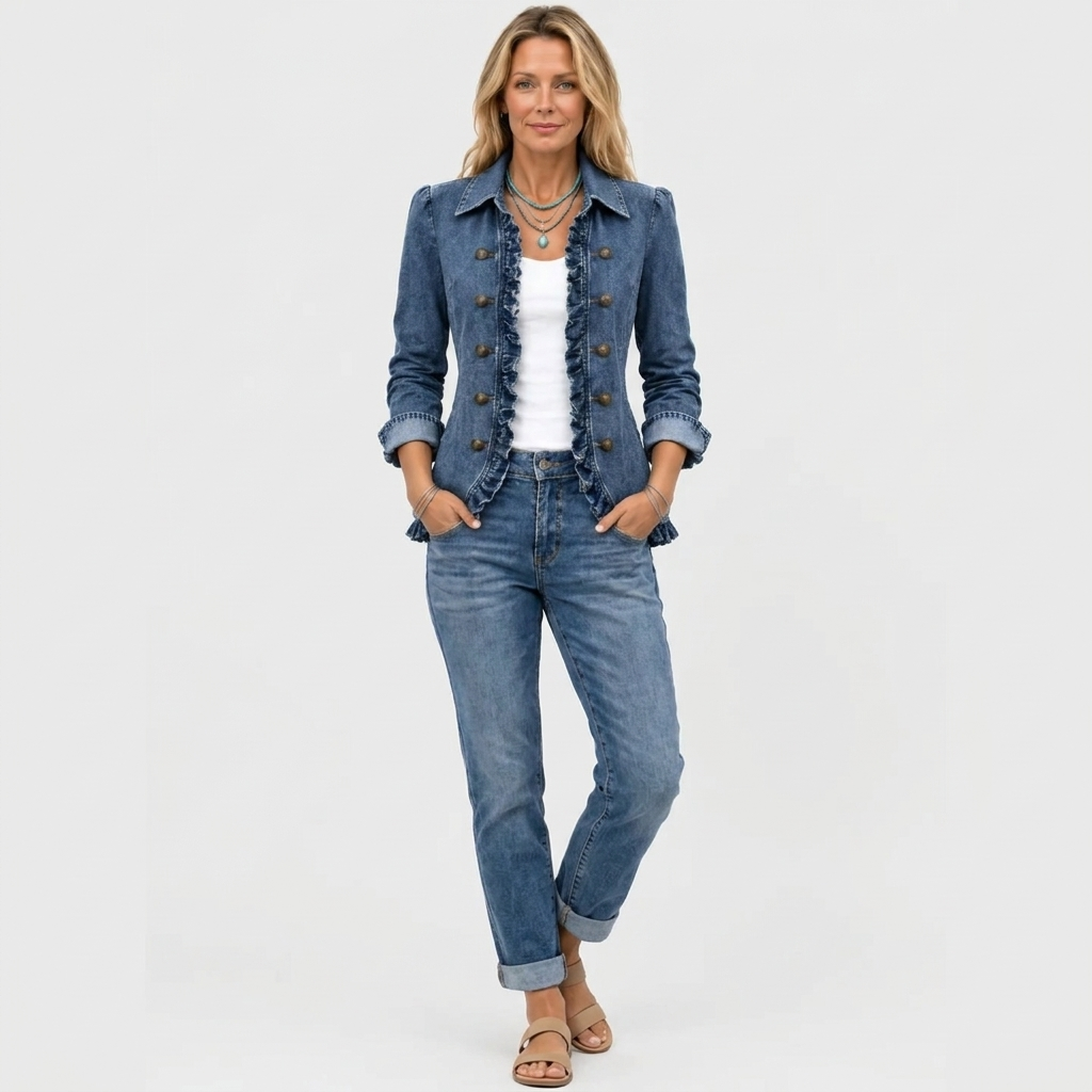 Helfigursbillede af model i denimjakke over hvid top, jeans med oprullede ben og beige sandaler 3