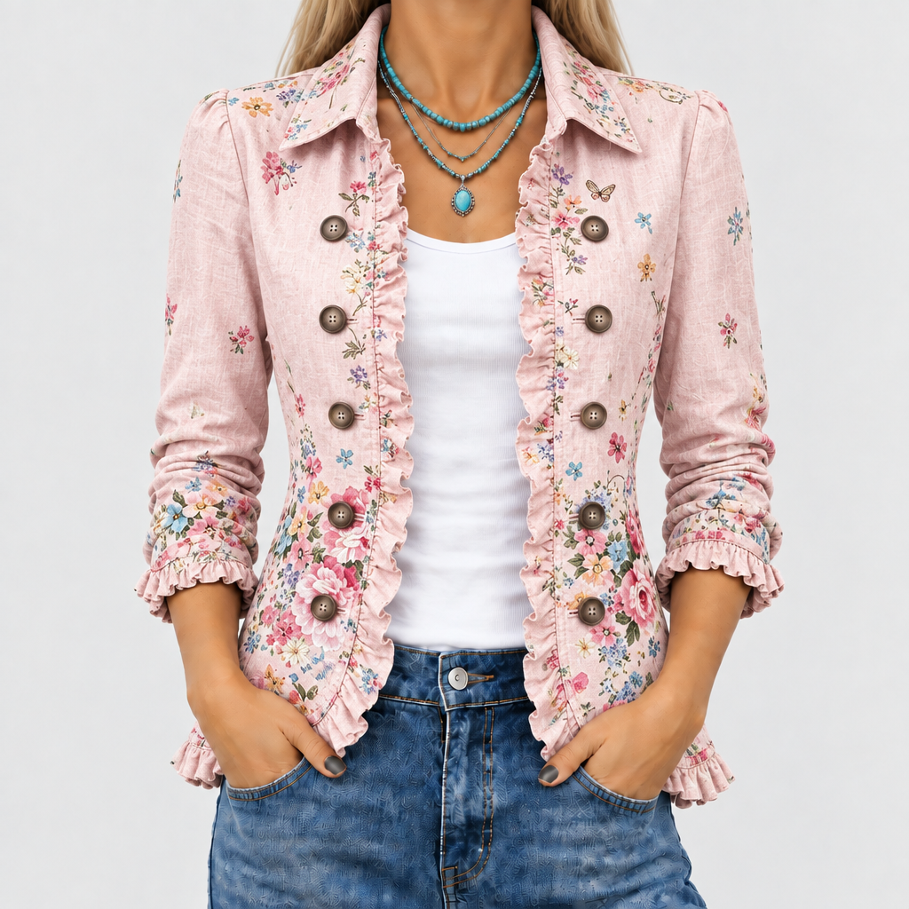 Nærbillede af den lyserøde blomstrede jakke med flæsekanter og knapper, båret åben over hvid top og jeans med turkis halskæde. 1