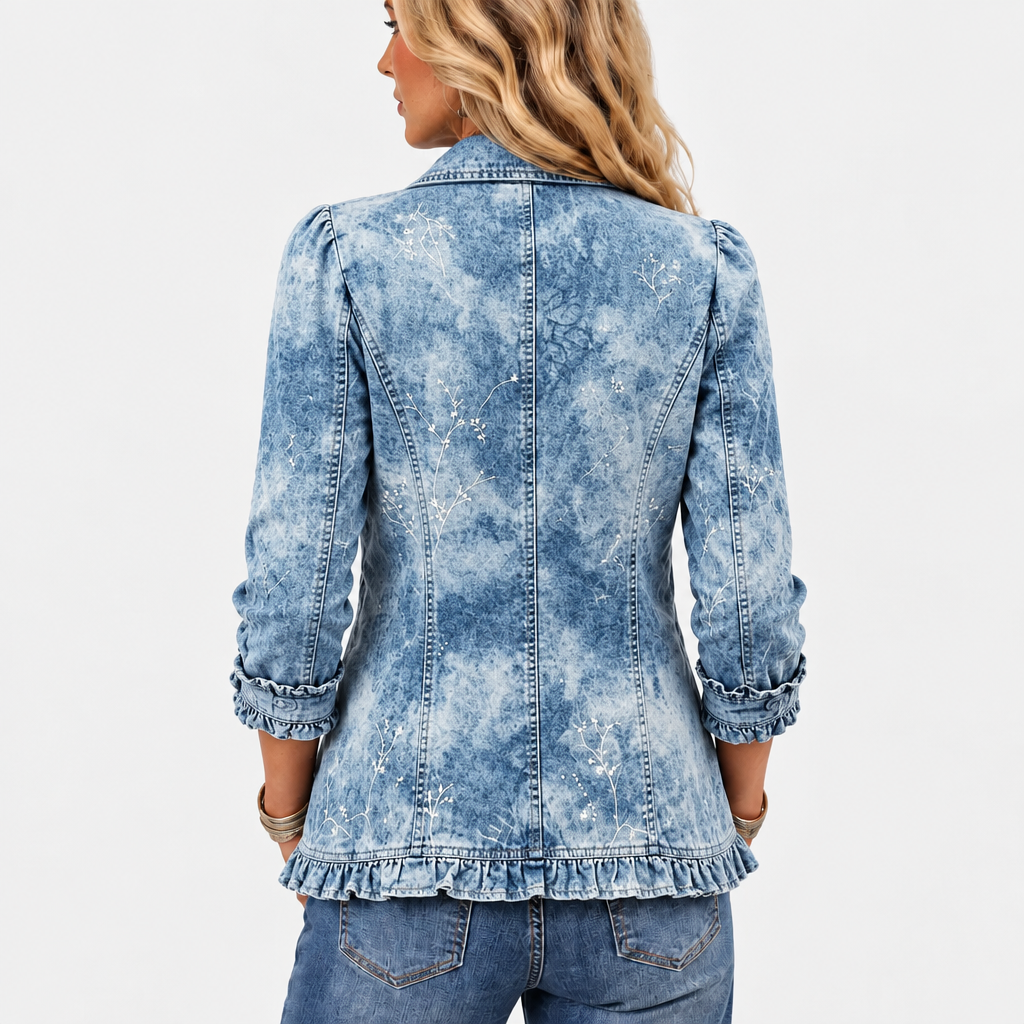 Jakken set bagfra med blomstrede grene på det blå denim og flæsekant forneden 4