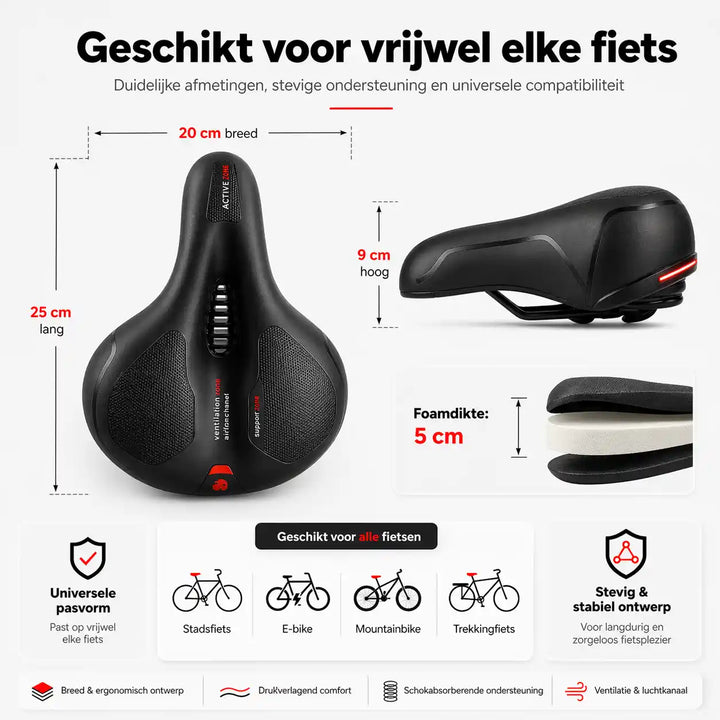 Sadlens mål vist ovenfra og fra siden, med skumtykkelse og ikoner for bycykel, e-cykel, mountainbike og trekkingcykel. 17