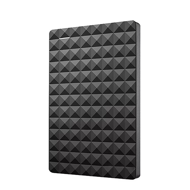 Sort, flad harddisk med geometrisk diamantmønster på forsiden, vist alene på hvid baggrund uden kabel 2
