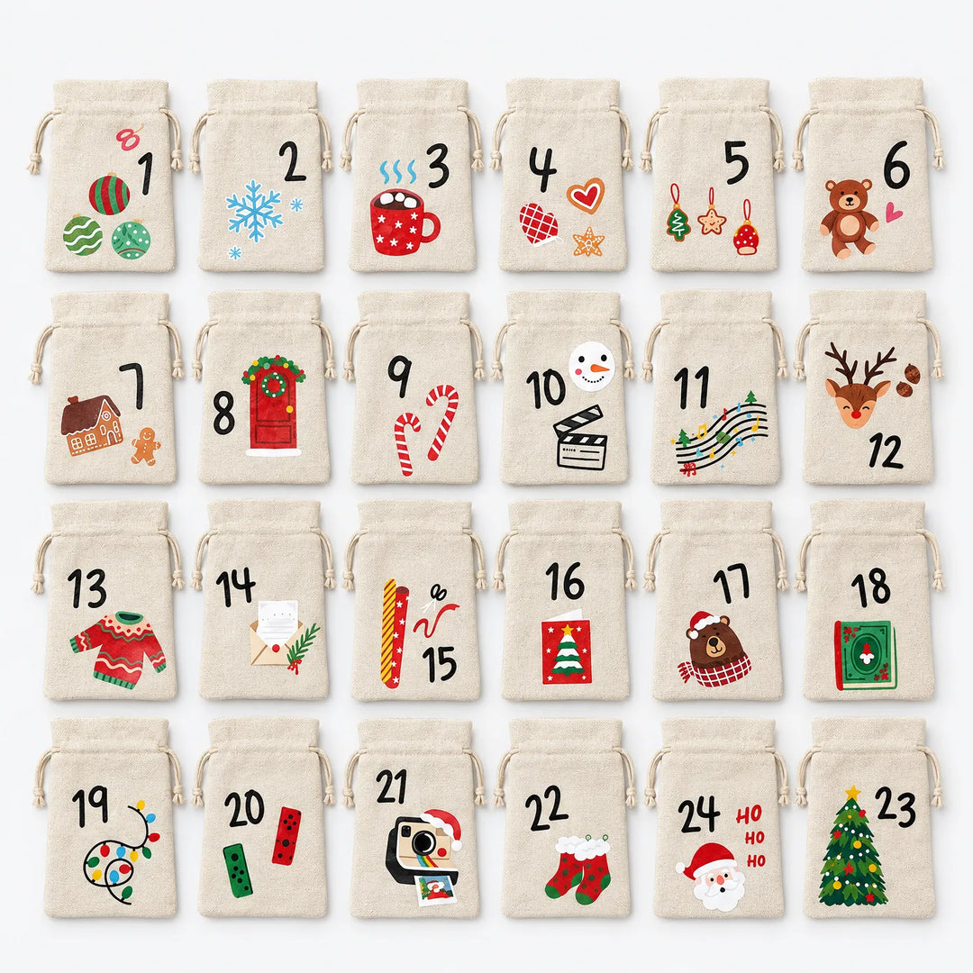 Alle 24 stofposer set ovenfra i fire rækker, hver med sit nummer fra 1 til 24 og et eget julemotiv. 2