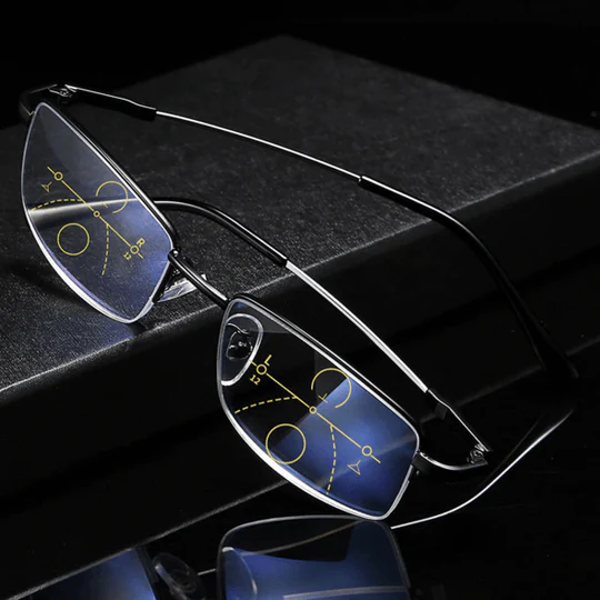 Brille med sort halvstel på sort overflade, glassene viser gule zonemarkeringer og blålig refleks 10