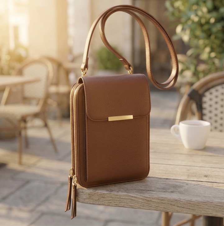 Crossbody-taske i karamelbrun med klap, guldfarvet spænde og to lynlåse med lædertrisser, stillet på et rustikt træbord. 4