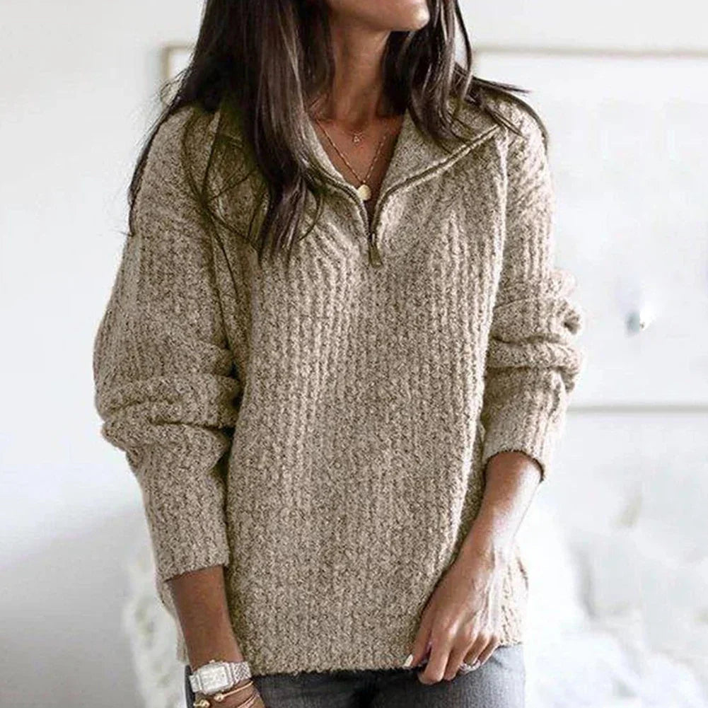 Efterårsstruktureret dame halv-zip sweater med lange ærmer – Noelle
