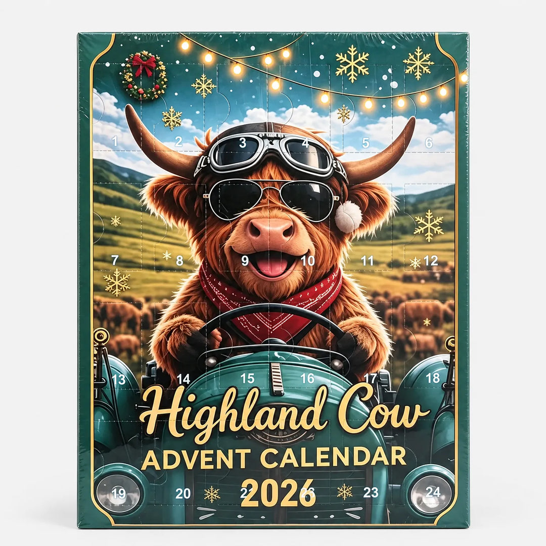 Kalender i grøn indpakning set forfra med en smilende højlandsko med flyverbriller og tørklæde bag rattet på en traktor, og tallene 1 til 24 på lågerne. 4