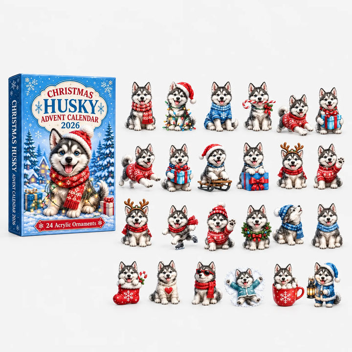 BlÃ¥ Ã¦ske med husky-hvalp i rÃ¸dt tÃ¸j og nissehue ved siden af alle 24 akrylpynt i julemotiver. 2