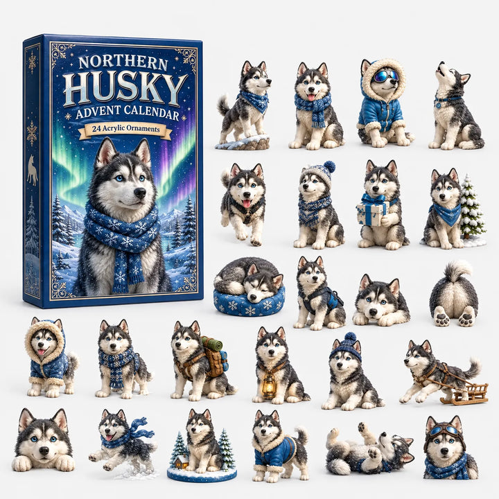 MÃ¸rkeblÃ¥ Ã¦ske med nordlys og husky i snefnugstÃ¸rklÃ¦de ved siden af 24 akrylpynt i vinterdragter og med rygsÃ¦k. 3