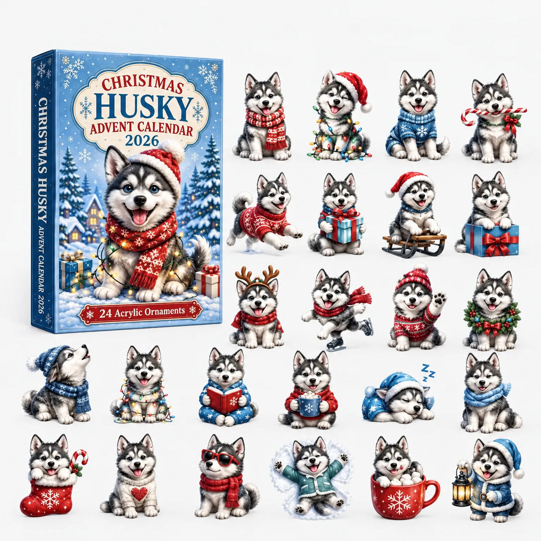 BlÃ¥ Ã¦ske med husky-hvalp i rÃ¸dt halstÃ¸rklÃ¦de, omgivet af 24 akrylpynt, bl.a. med slÃ¦de, gaver og kakaokop. 6