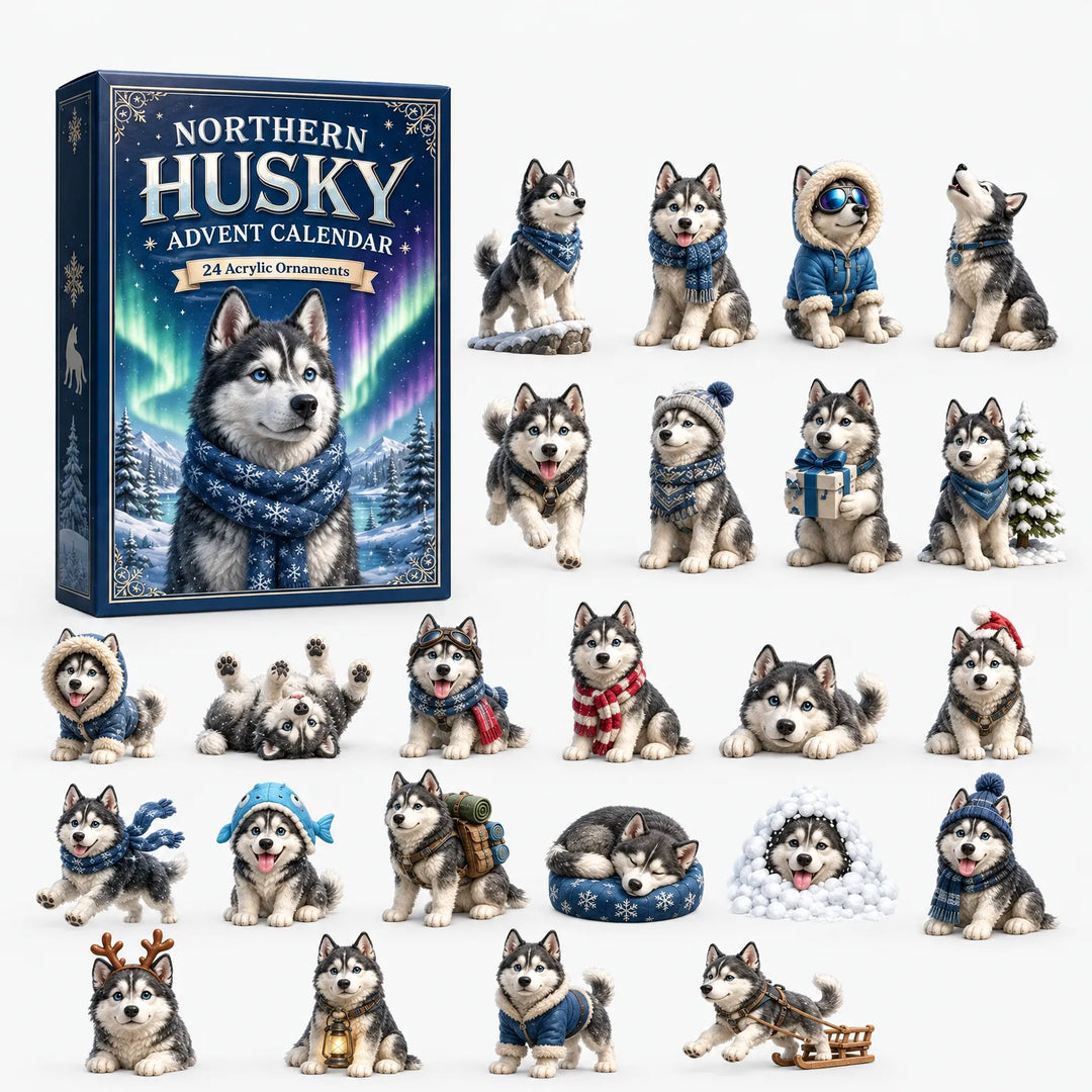 Ãske i mÃ¸rkeblÃ¥t med nordlys og husky, vist sammen med 24 akrylpynt i blÃ¥ vinterfarver, bl.a. med slÃ¦de og snehule. 7