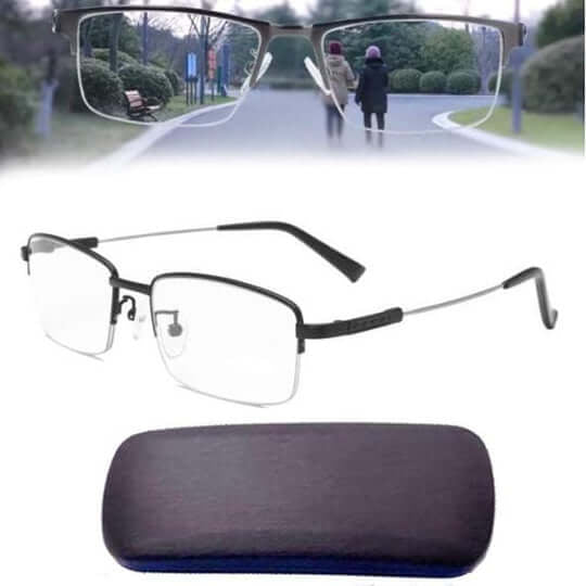 Brille med sort halvstel og lyse stænger ved siden af et mørkt etui, med parkudsigt ovenfor 6